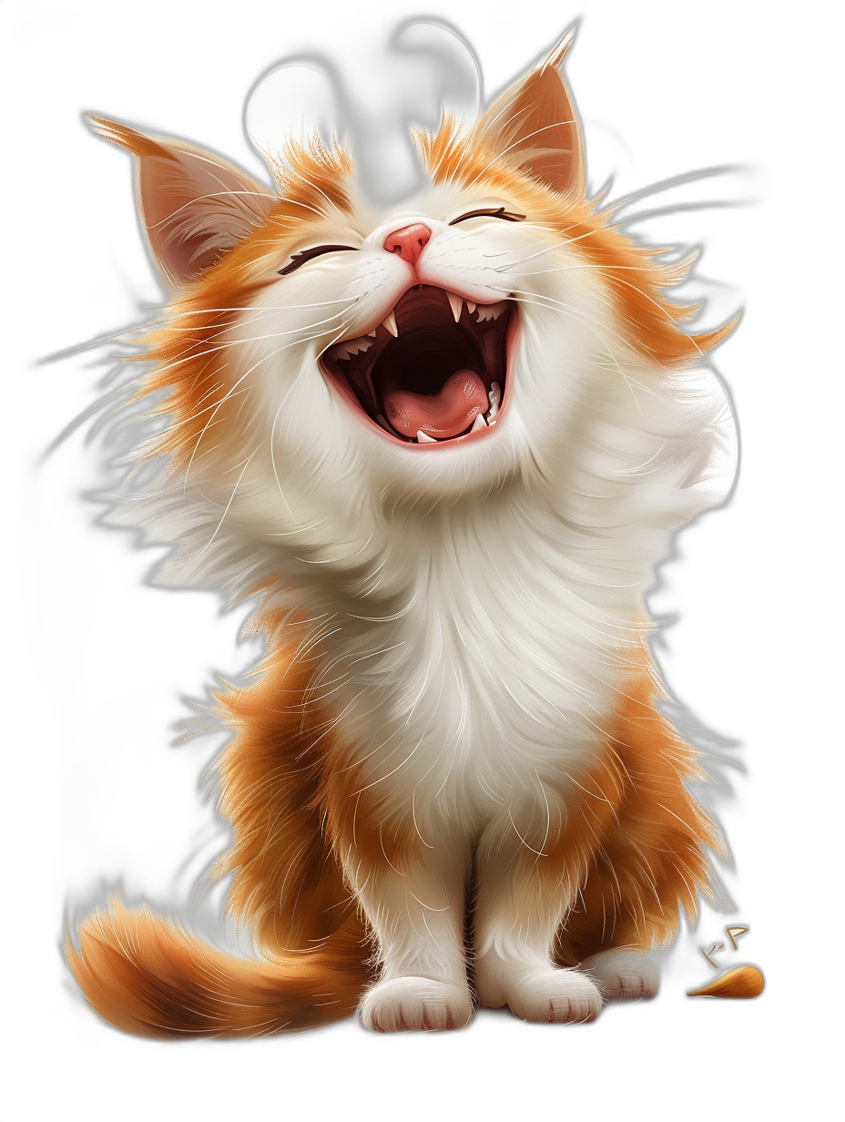 An illustration of a cute smiling cat with its mouth open, white and orange fur, on a black background, in the cartoon style, 2D digital art with bright colors, showing the full body in high resolution with high details, high quality, high contrast, and high sharpness. The art is in the style of being hyper realistic, high definition, with a high octane render and high dynamic range.