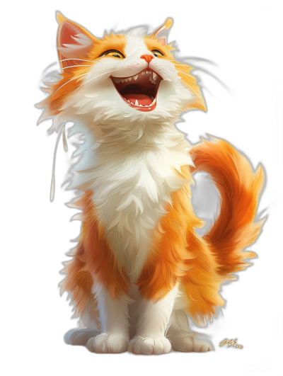 smiling happy orange and white fluffy cat, full body concept art digital painting in the style of Disney Pixar studio, black background, artstation style