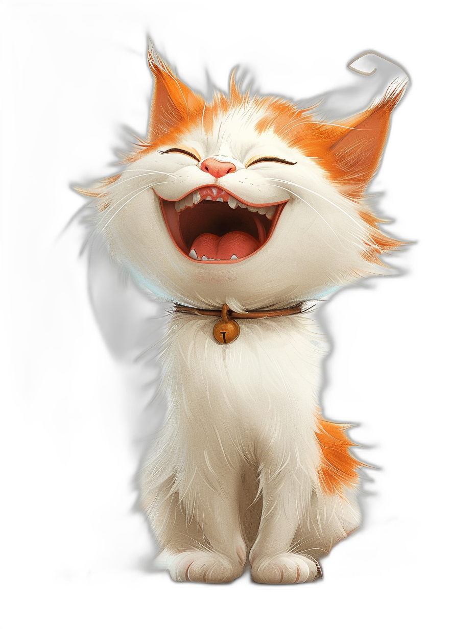 A cute happy smiling white and orange cat in the style of Pixar, cgsociety, character design, cartoonish, black background.