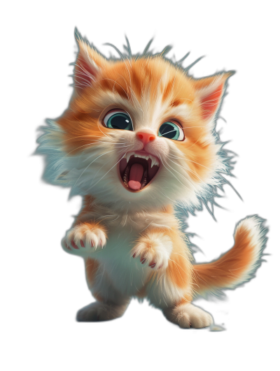 3D rendering of a cute kitten, jumping and roaring with its mouth open on a black background, in the cartoon style, in the style of Disney animation, light orange and white in color, in the Pixar style, with high resolution.