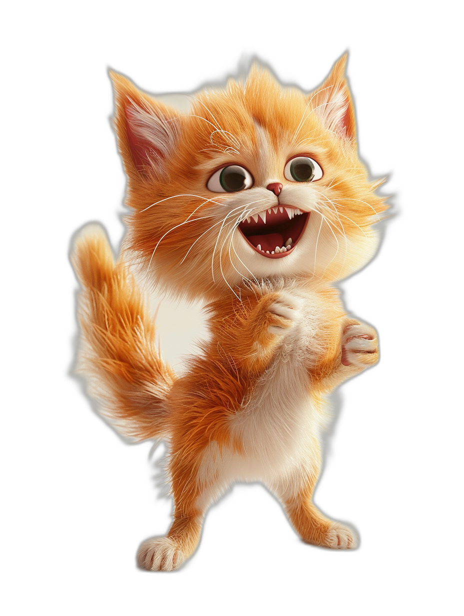 3D render of a happy cute orange cat with big eyes and a long fluffy tail, white paws, full body, smiling, open mouth, in a jumping pose, on a black background, in the style of Disney Pixar.