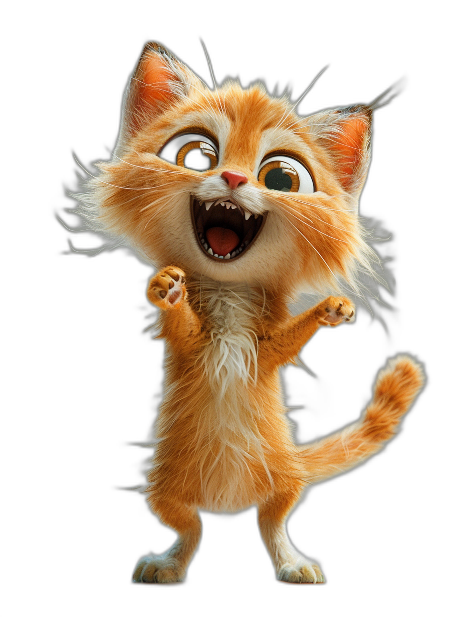 A cute orange cat, standing on two legs and laughing with its mouth open, on a black background, in the style of Disney cartoon characters from the movie Zootopia, rendered in 3D.