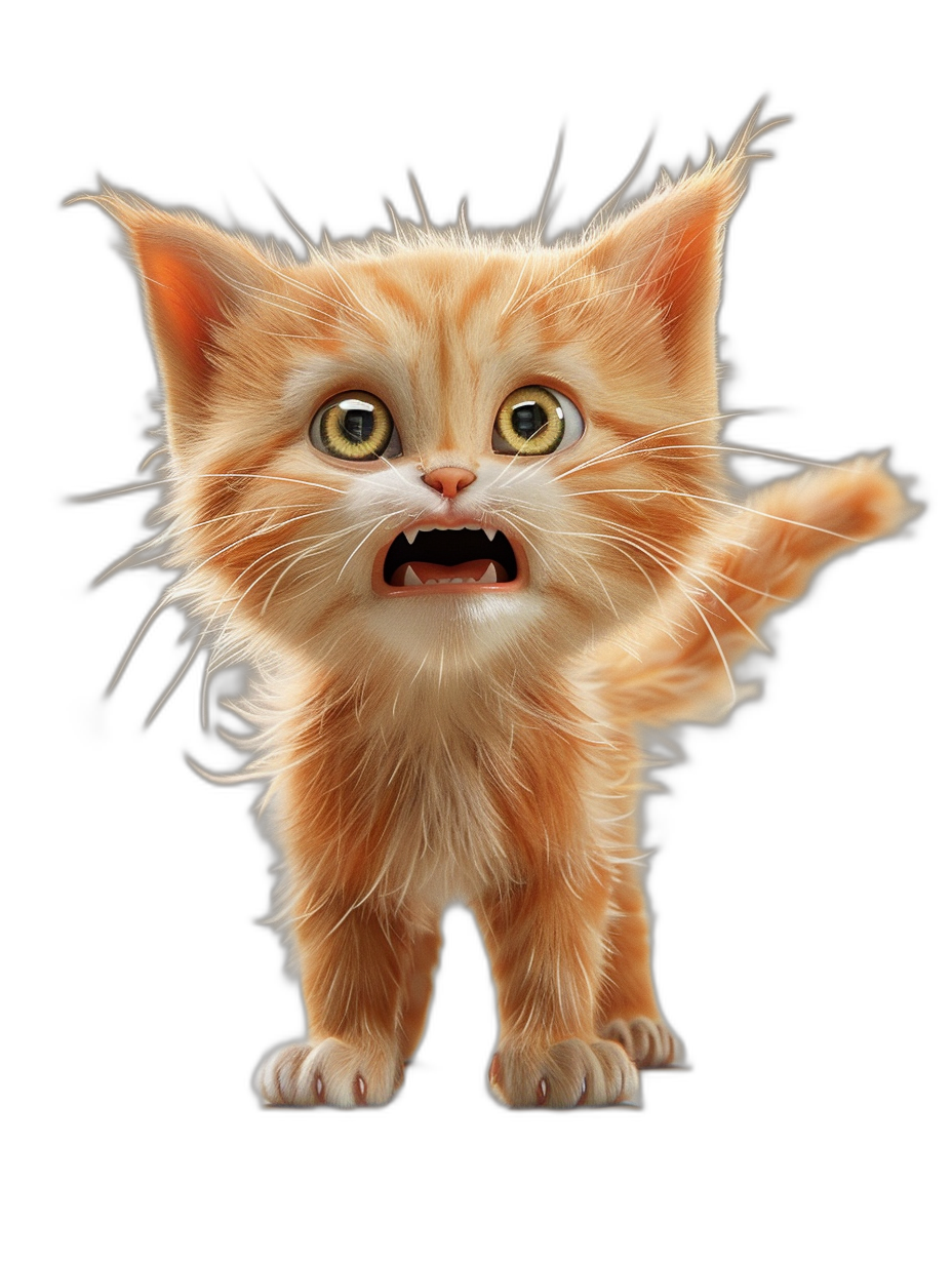 3D render of a cute ginger cat, very angry and ready to attack with its mouth open on a black background, in the style of Pixar.