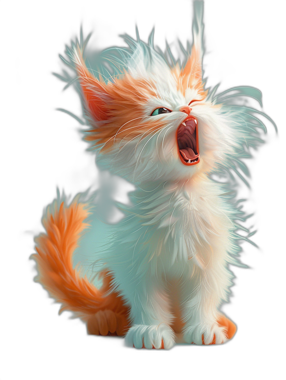 A white and orange cat with cute, fluffy, furry hair with a baby-like texture. The full-bodied cat is screaming in anger in the style of Pixar studio concept art on a black background. The hyper realistic oil painting has an anime-inspired character design with a matte photo.