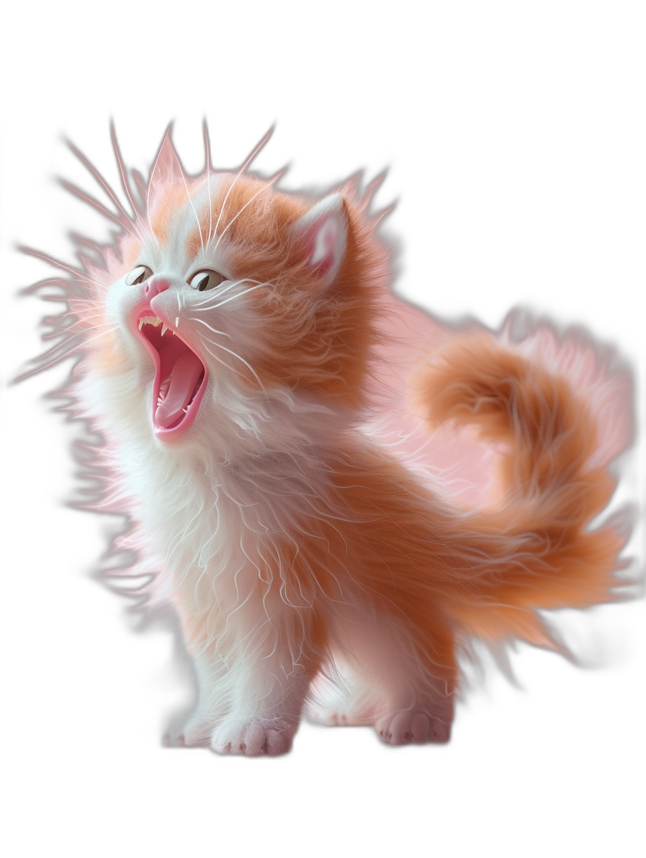 A cute orange and white cat with a happy expression and open mouth wide. It has fluffy hair and a pink nose against a black background. The cat is rendered in 3D with high definition details, high resolution, and high quality. The professional photography uses high dynamic range to capture fine details.