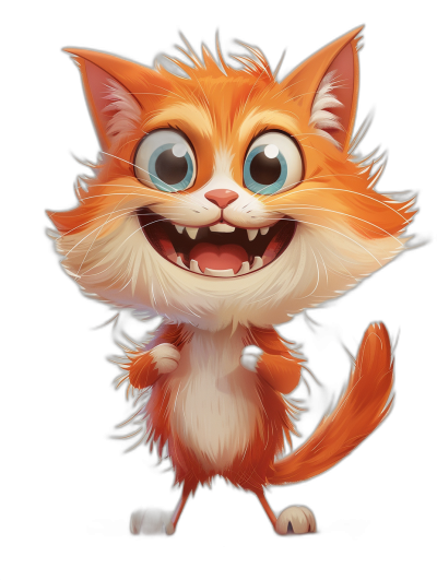 A cute orange cat with big eyes smiling and showing its teeth, full body against a black background, in the style of Disney cartoon character, in the style of Pixar, high resolution, high quality, cute, adorable, concept art, 2d game art, hyper realistic.