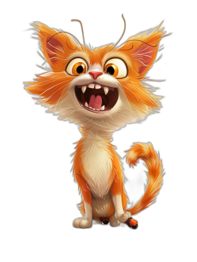 Illustration of an orange and white cat with long hair, big eyes, smiling and laughing with teeth showing, full body, against a black background, in the style of Disney Pixar character design.