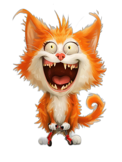 A cute happy orange and white cat with big teeth, wearing red shoes, in the style of Pixar cartoon character design, full body, black background.