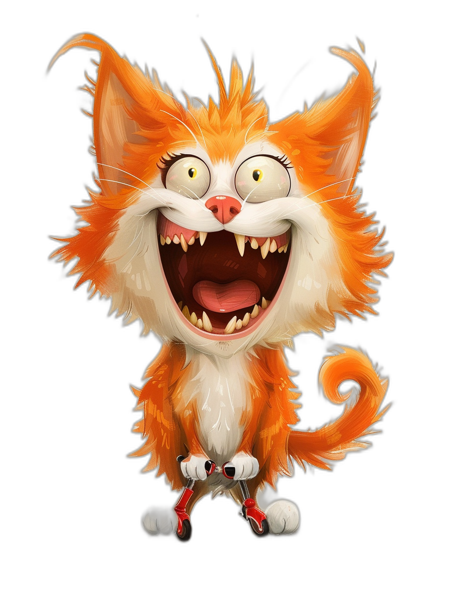 A cute happy orange and white cat with big teeth, wearing red shoes, in the style of Pixar cartoon character design, full body, black background.