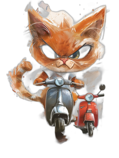 A cute happy orange cat with big eyes is depicted riding on the back of an Italian Vespa motorcycle. The kitten has a serious expression and is wearing sunglasses in the illustration with a black background. It is holding onto its helmet while driving at high speed. There should be smoke coming out from under it.