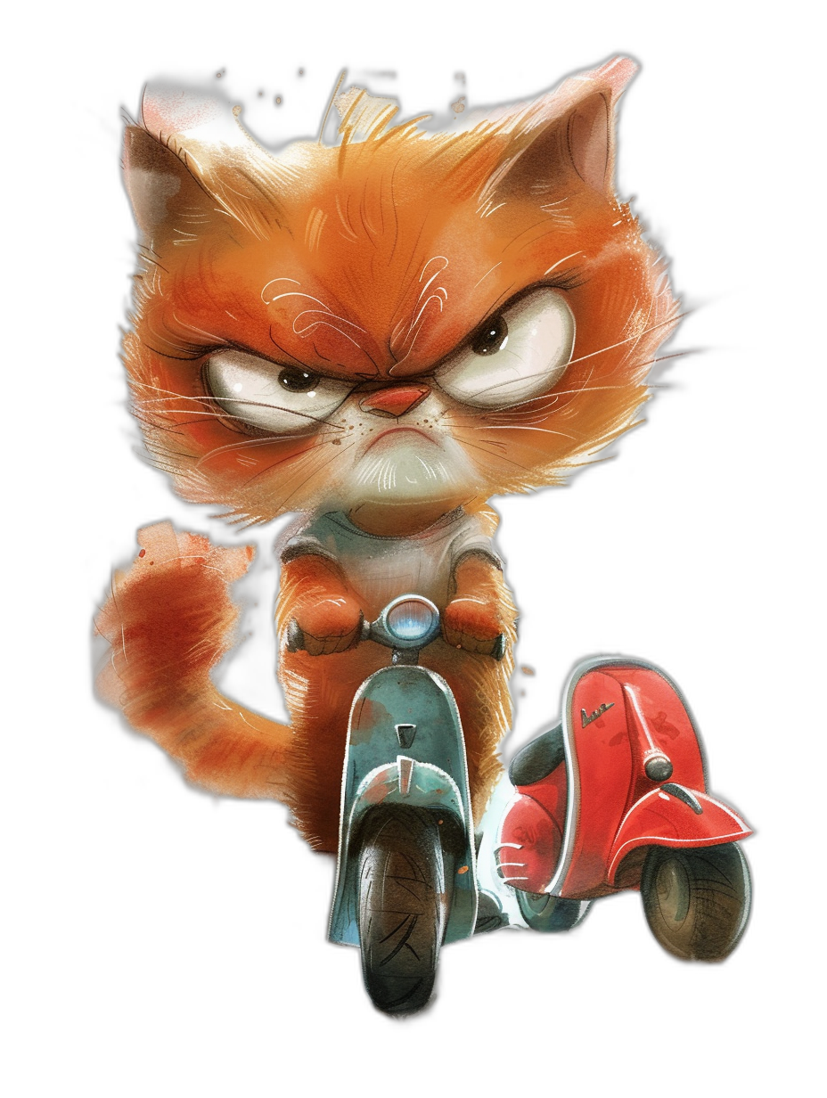 Grumpy orange cat with an angry expression riding on a scooter in the style of a cartoon children’s book illustration as a full body portrait against a black background in a t-shirt design graphic art style with vector flat icon illustration and high contrast shading reminiscent of Disney and Pixar animation.