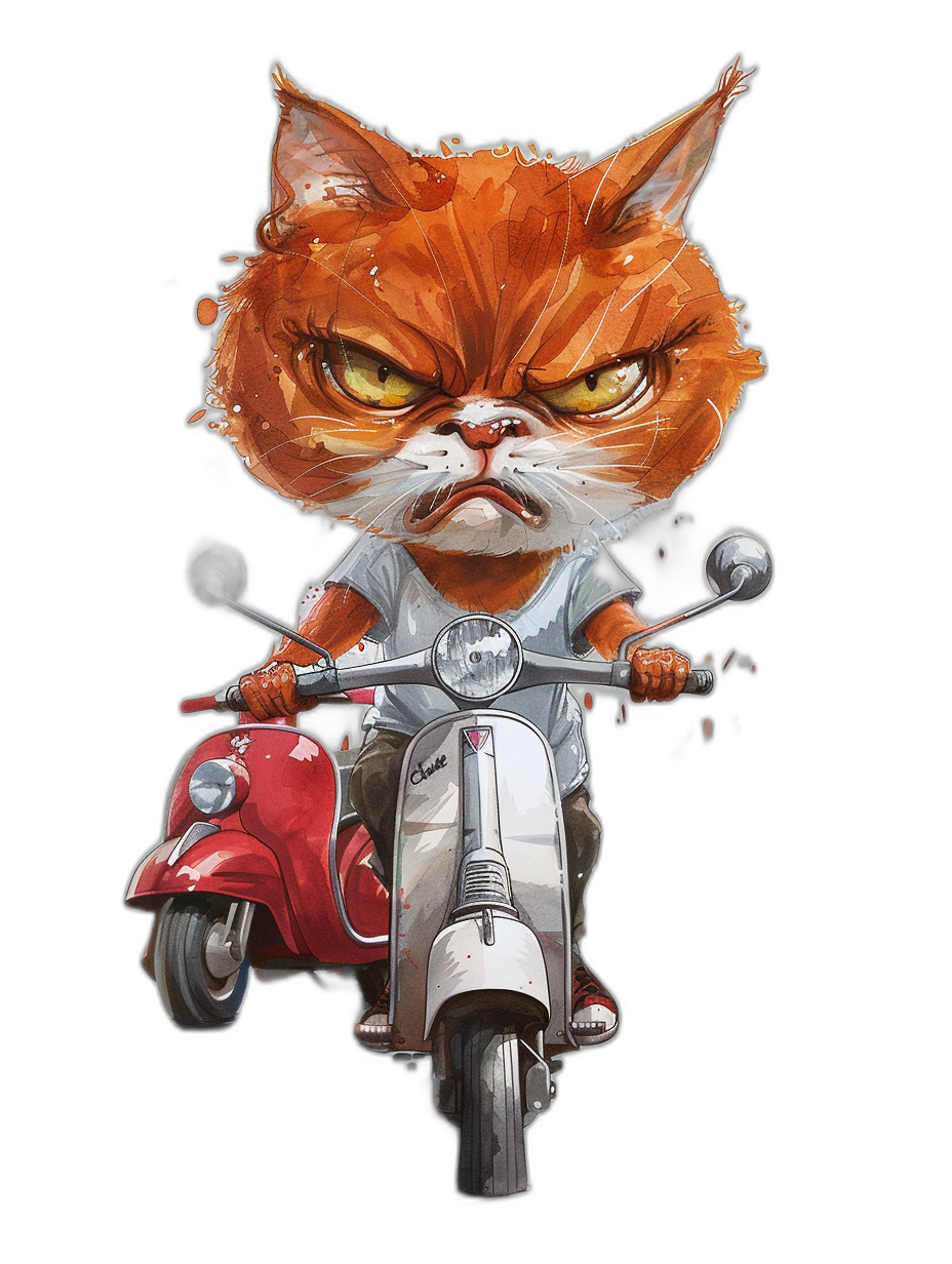 A cute grumpy orange cat wearing a white t-shirt, riding on a red vespa motorcycle, with angry eyes looking at the camera in the style of [Ralph Steadman](https://goo.gl/search?artist%20Ralph%20Steadman)’s character design on a black background, with a naturalistic big head and small body with a long tail shape, fluffy texture, vector file, watercolor, ultra detailed, Pixar style cartoon illustration, high resolution.