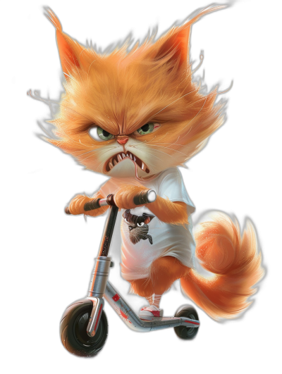 realistic orange cat wearing a white t-shirt, riding a scooter with an angry face, in the style of cartoon, black background, pixar render, high quality