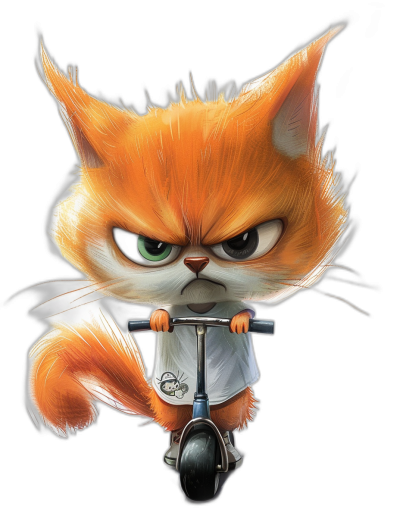 A cute orange cat with an angry expression, wearing a white t-shirt and riding an electric scooter on a black background, in the vector illustration style, in the Disney cartoon character design style, with a big head and small body, at a high resolution, with professional studio lighting, sharp focus, extreme detail, in a hyper realistic style, with detailed face features, with super detailed features, in full color, with bright colors, with natural light, on a simple black isolated background.