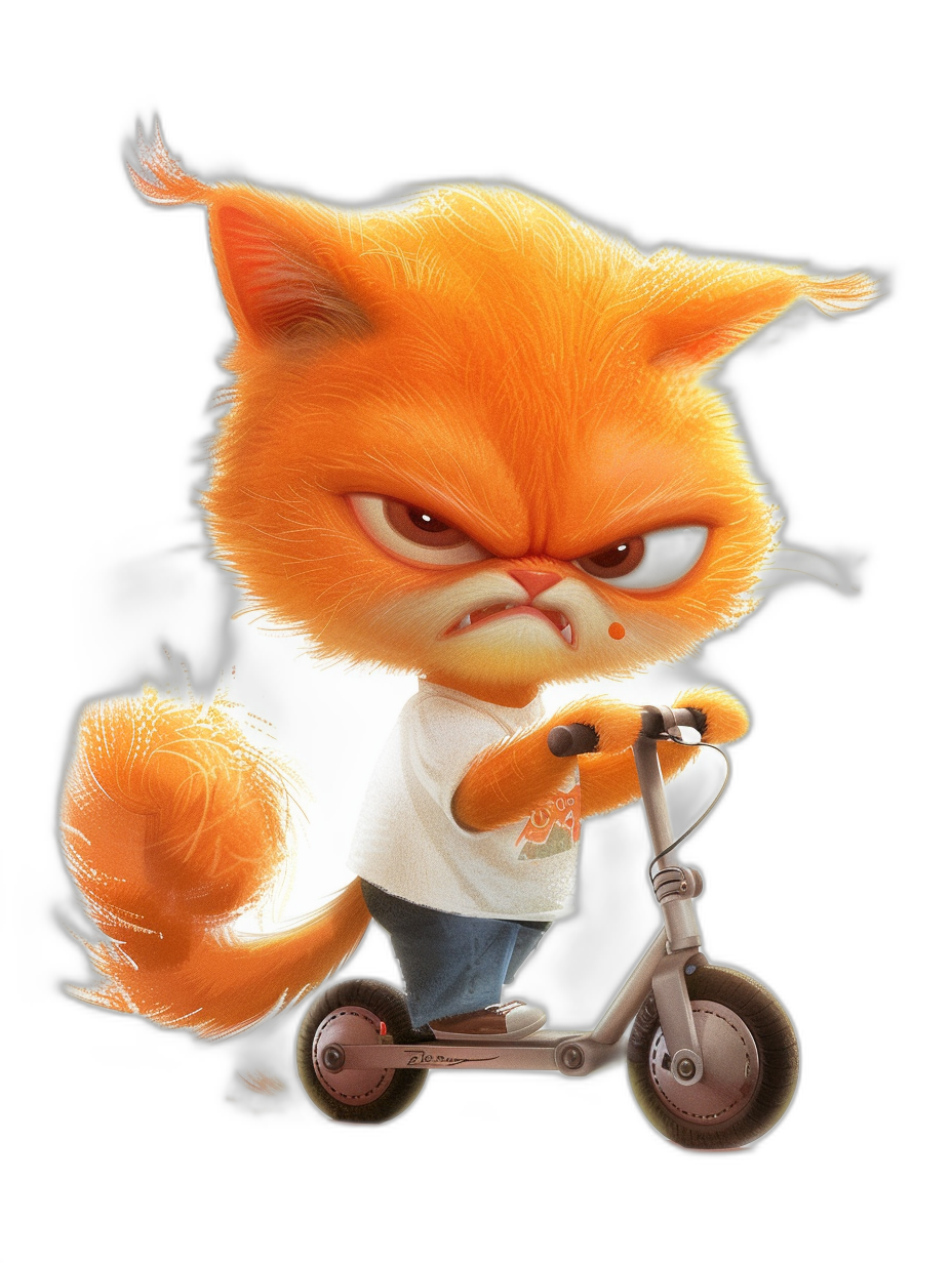 Grumpy orange cat wearing a white t-shirt and jeans riding a scooter in the style of a 3D render. Cartoon character design on a black background. Cute character design with high resolution, high quality, high detail, and high contrast. Professional photography with studio lighting and professional color grading with sharp focus in a hyper realistic style.