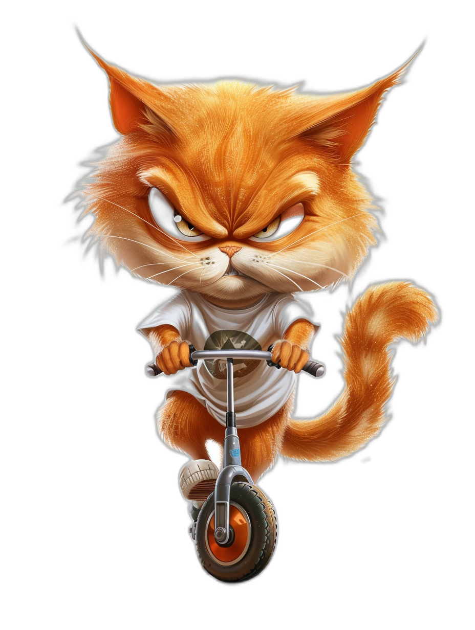 Cute orange cat character riding a scooter with an angry facial expression, wearing a white t-shirt against a black background, digital art in the style of Pixar, Disney style, cute, big head cartoon pose