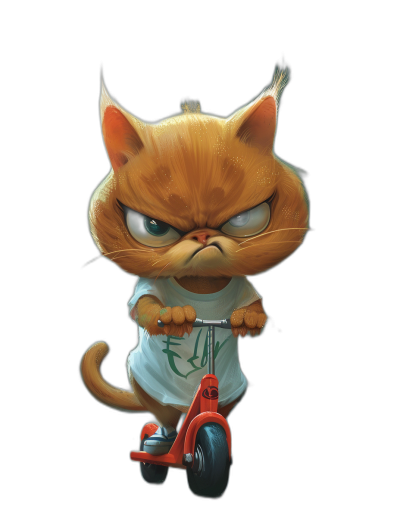 A cute orange cat with an angry expression and an evil face, wearing a white T-shirt and riding a red scooter in the style of [Tiago Hoisel](https://goo.gl/search?artist%20Tiago%20Hoisel). The character design is caricature-like and playful. It is a full body portrait with a black background in high resolution photography.