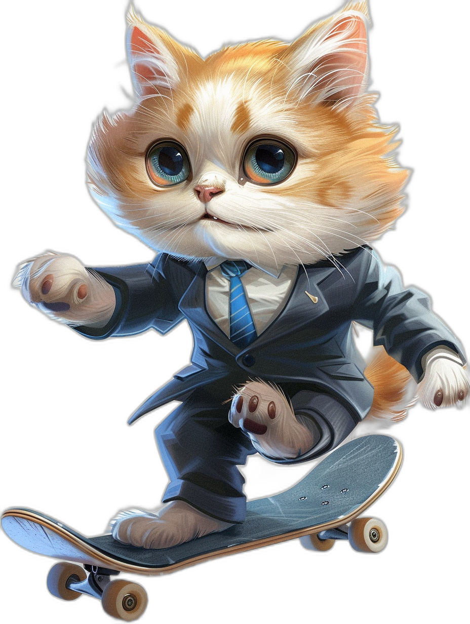 A cute orange and white cat wearing business attire, with blue eyes, is riding on the skateboard against a black background in the style of 2D game art with a cartoon realism style. The cat has super detailed facial details and super delicate features while dressed in .