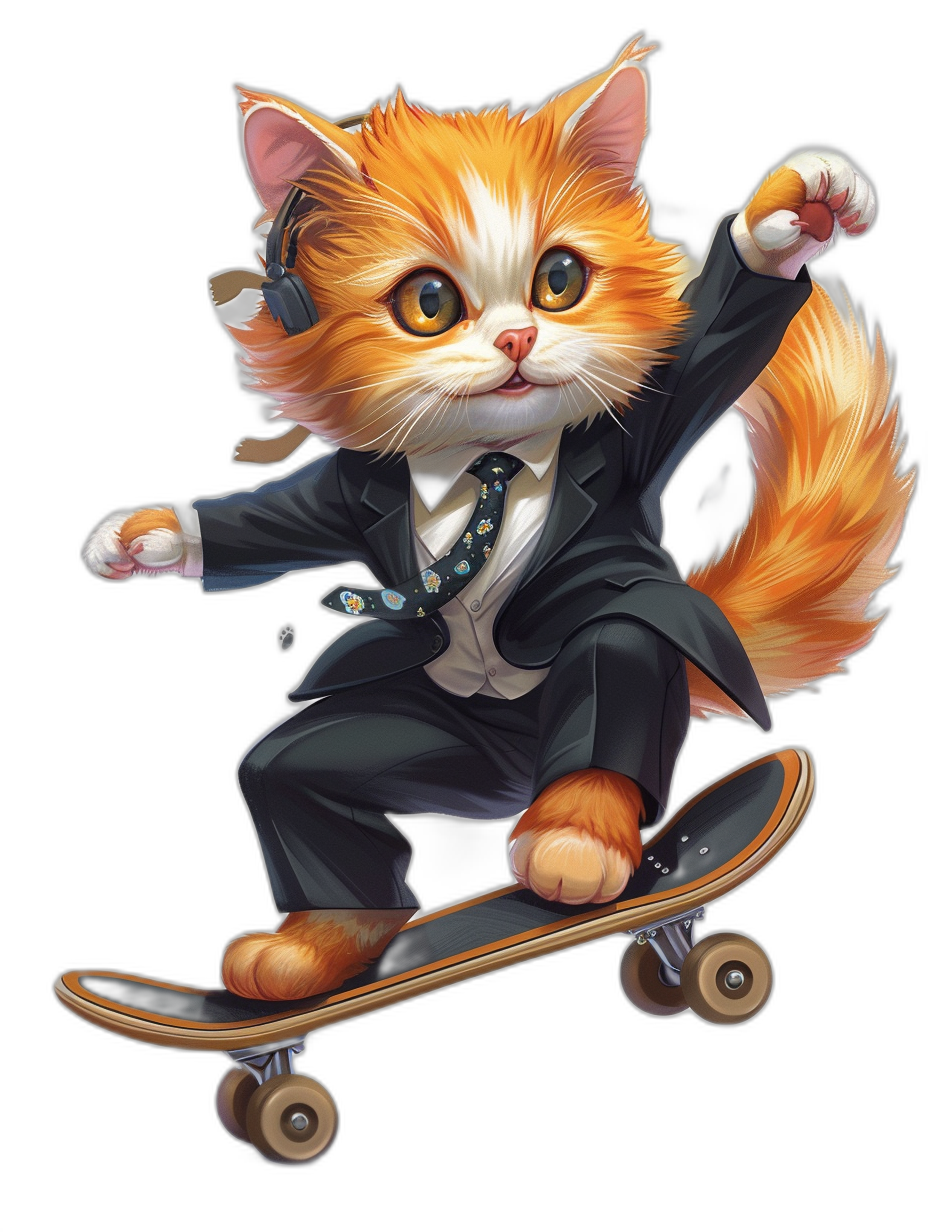 Cute cat in a suit and tie riding a skateboard in the style of a cartoon on a black background. Simple 2D game art design showing a full body shot of the cat with a cute expression on its face. The digital painting is high resolution with high detail and vibrant colors.