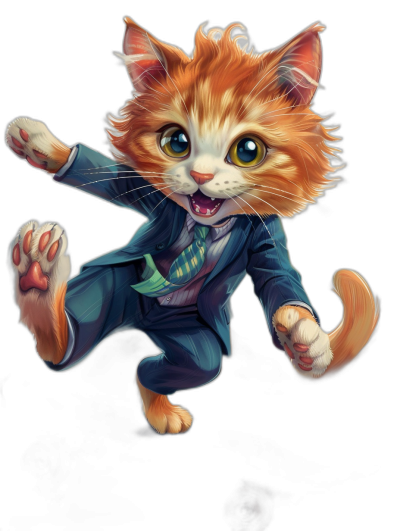 digital art of a cute kitten in a suit, jumping pose, black background, playful character designs, an orange cat with blue eyes and a white beard, fluffy hair in a braid, in the style of Pixar