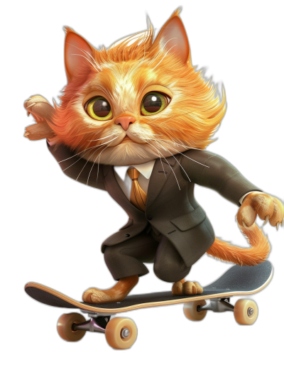 A cute orange cat in a suit and tie riding on a skateboard, black background, in the style of Disney, digital art, high resolution