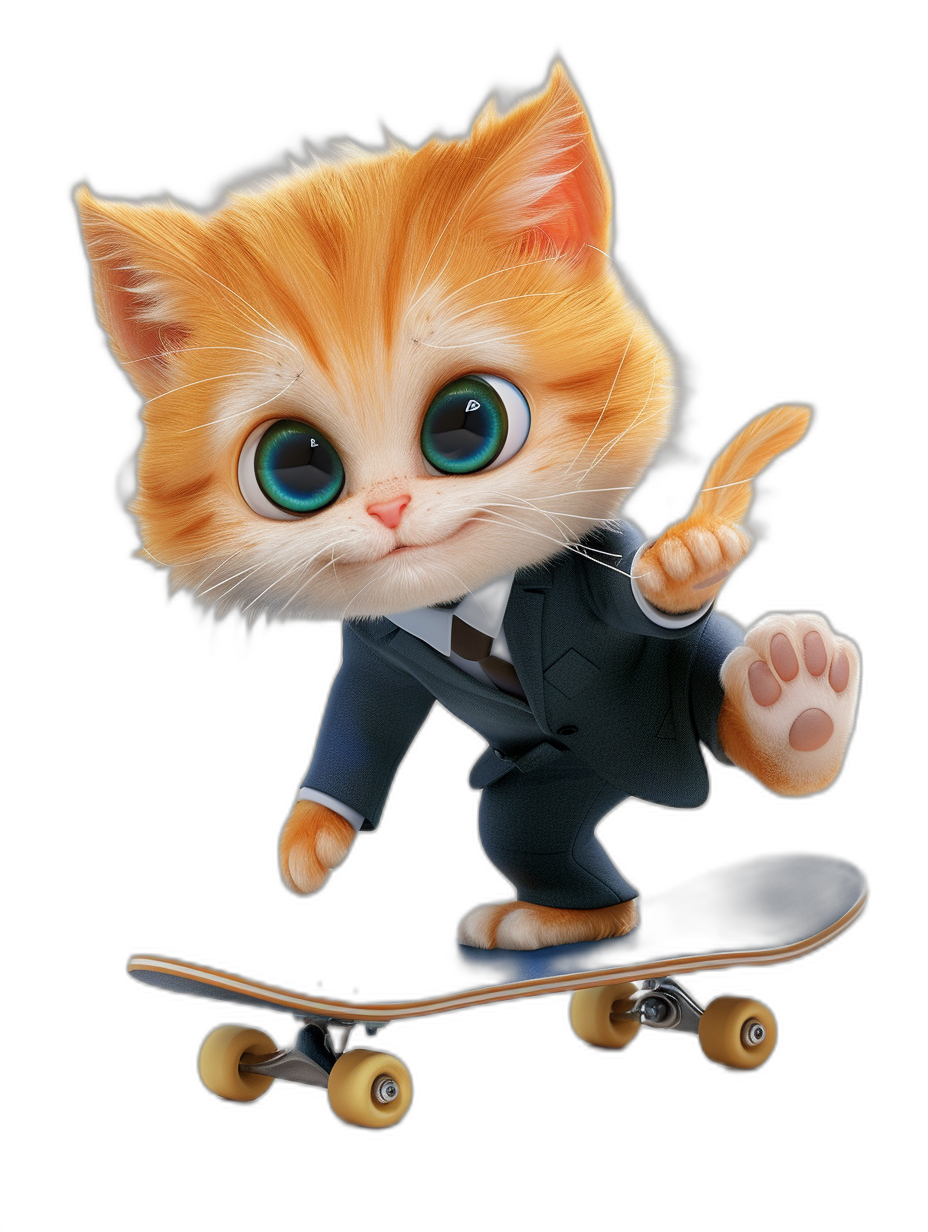 Cute orange cat, wearing a black suit and white shoes, riding on a skateboard with big eyes, in the style of cartoon, black background, 3D rendering, full body portrait, cute expression, holding its hand up high, high definition.