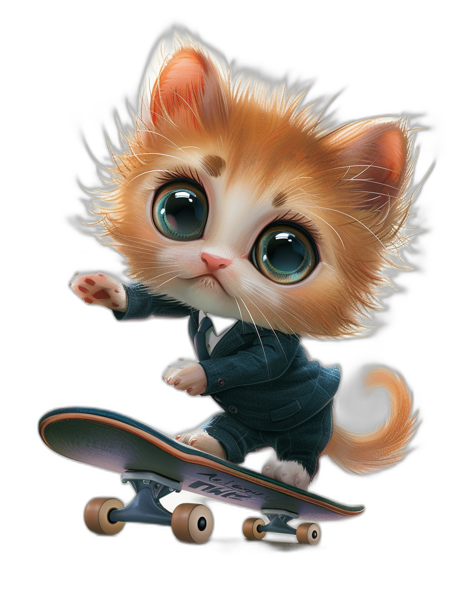 Cute cartoon kitten, wearing suit and riding skateboard on black background, vector illustration style, digital art, hyper detailed, 3D rendering, cute eyes, high resolution, high quality, high detail, high definition, super clear details, professional photography, studio lighting, octane render, cinematic light, high dynamic range, HDR colors, sharp focus, close-up, depth of field, intricate details, photorealistic, full body shot, adorable feline features, bright orange fur with white accents, green large sparkling cat eye.