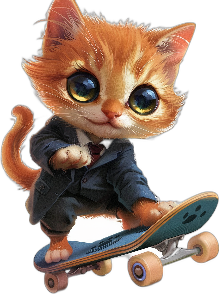 A cute golden kitten wearing an orange suit and tie is riding on a skateboard, with big eyes looking at you curiously. The background color of black has been created in the style of professional artists in a digital art style, creating a lively atmosphere. This illustration highlights adorable kittens as well as vibrant colors in a focus stacked, super detailed style.