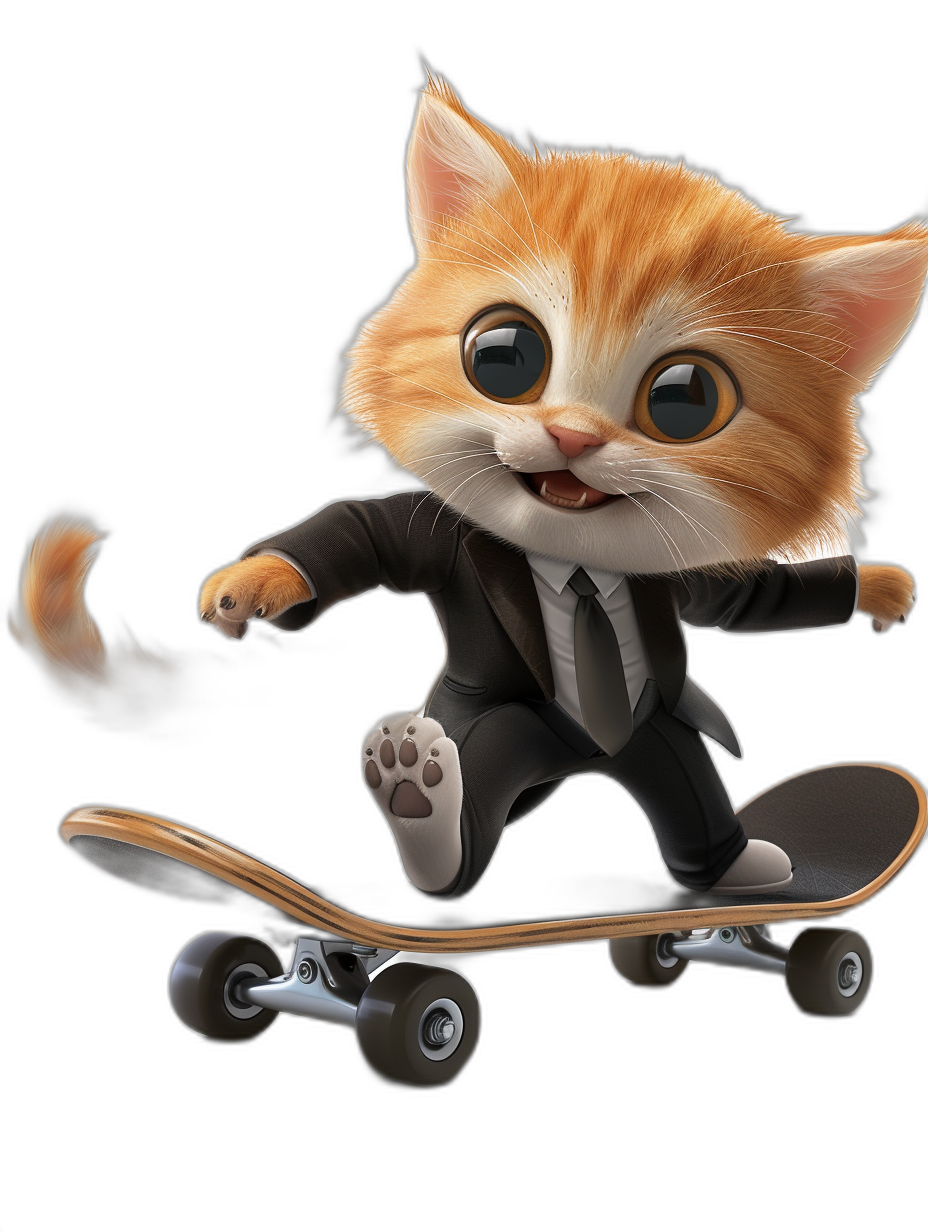 Cute cartoon cat in a suit riding on a skateboard, in the style of Pixar, on a black background, with a cute cartoon design, at a high resolution, detailed and sharp, without any shadow effect, with an ultra realistic, professional photography style, in high definition.