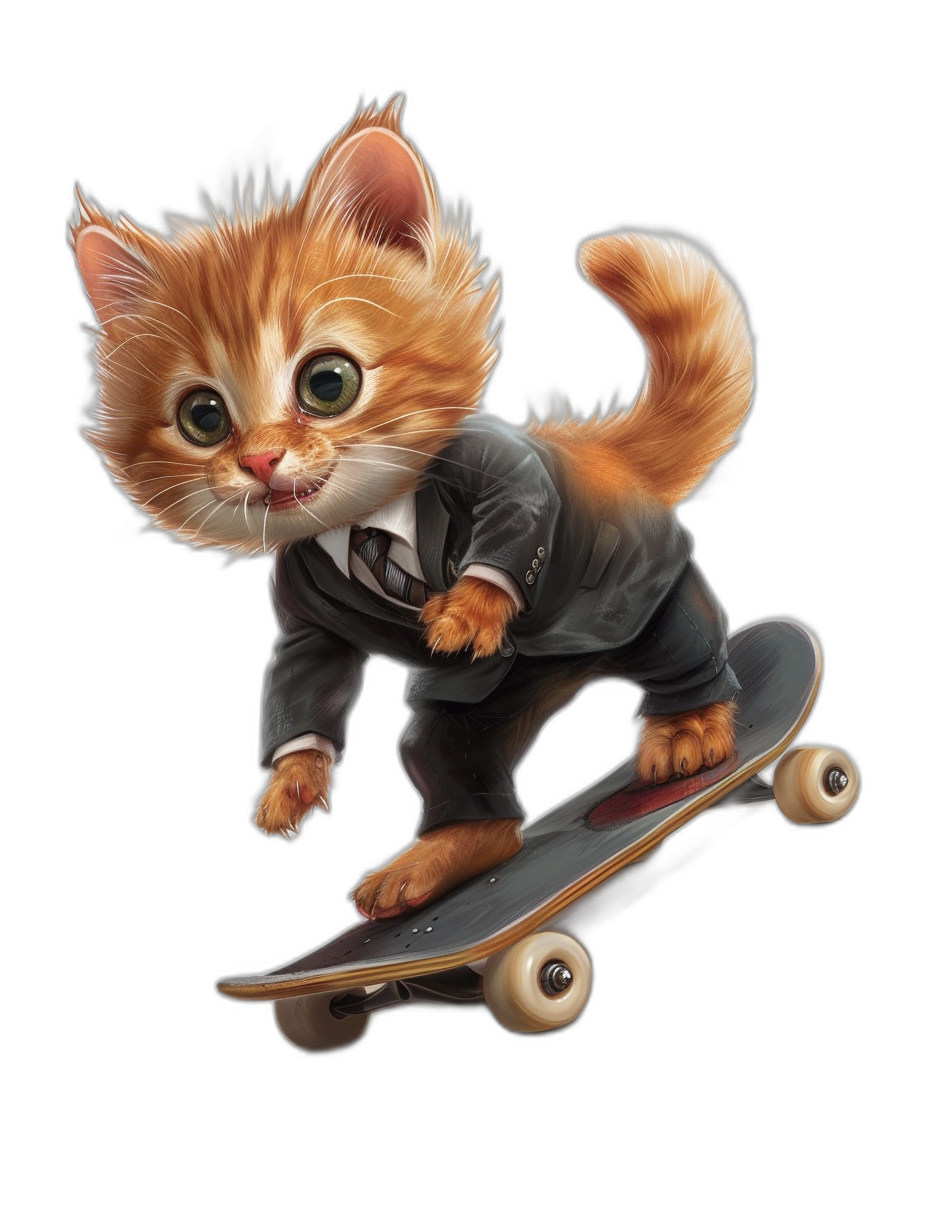 Cute Kitten wearing suit, riding on skateboard , isolated black background, clipart illustration cartoon vector, highly detailed and realistic