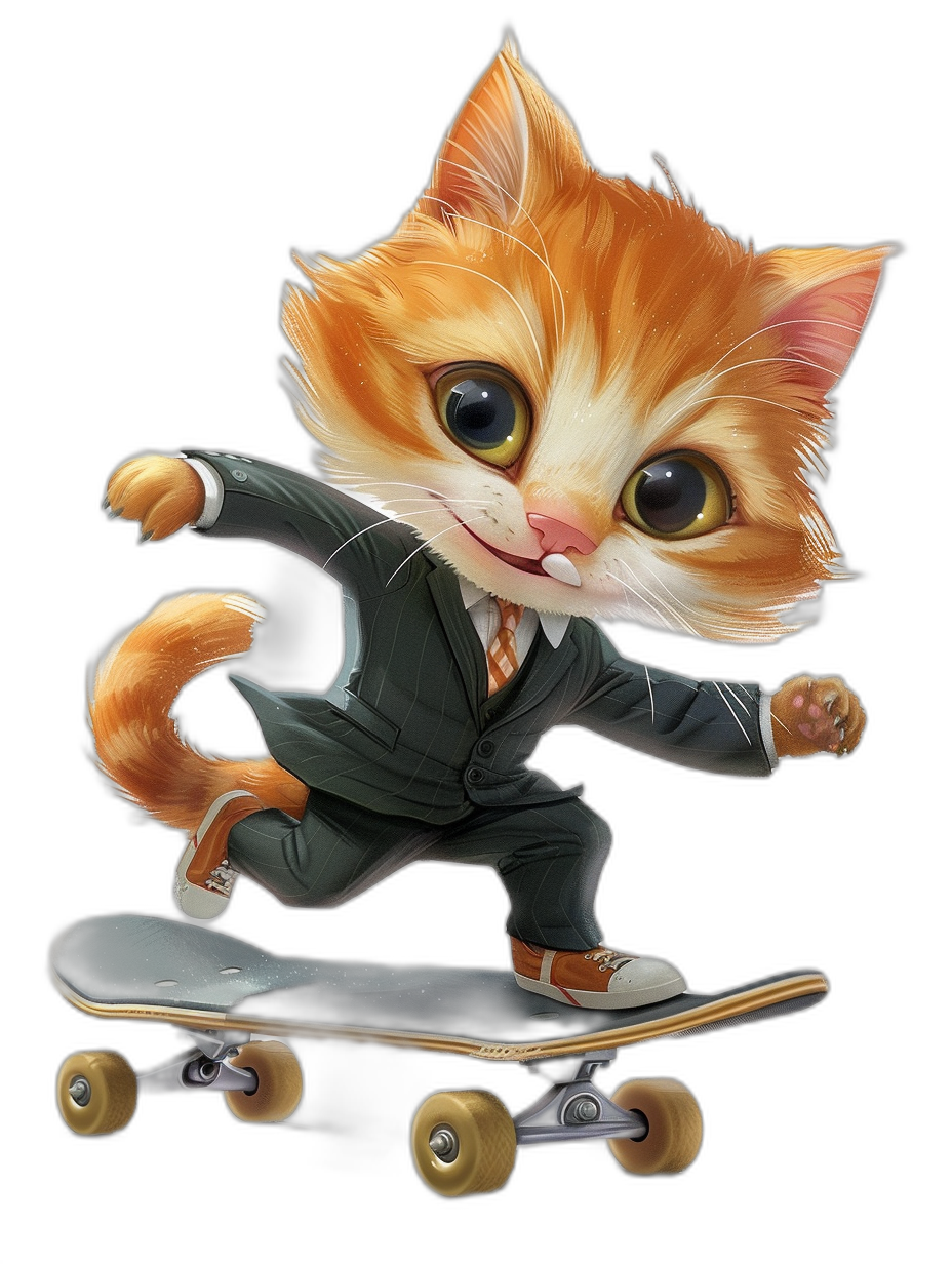 digital art of a cute kitten, wearing a suit and tie, skating on a skateboard against a black background, with big eyes and a lovely expression.