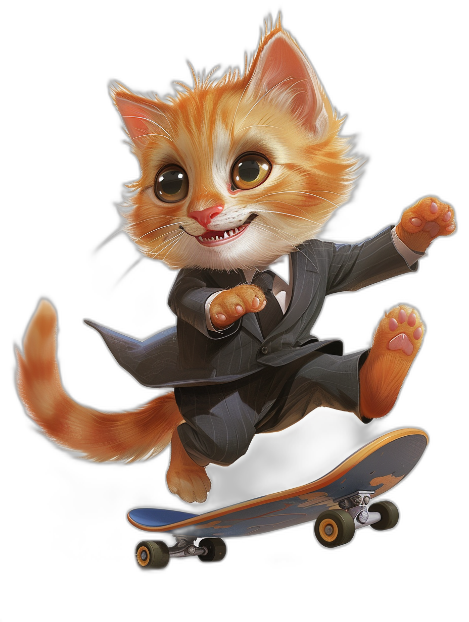 Cute cartoon cat in suit, skateboarding, smiling face, high resolution, black background, 2D game art style, Disney animation, detailed character design, fawncore, lively brushwork