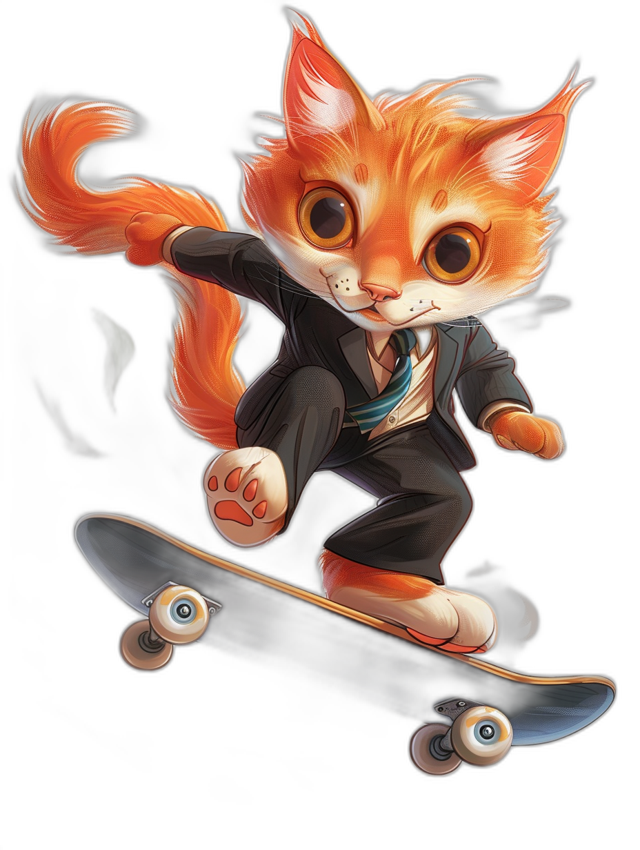 a cute orange cat in suit and tie riding on skateboard, vector illustration, black background, cute cartoon character design, detailed fur texture,