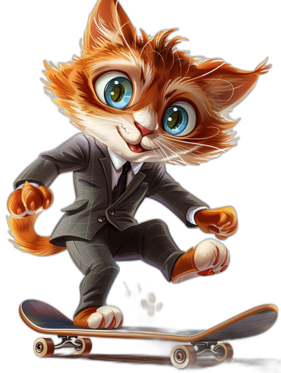 An illustration of a ginger cat with blue eyes wearing a business suit and riding a skateboard, in the cartoon style, on a black background, with high resolution, high details, high quality, high contrast, in the style of a hyper realistic style, with hyper detailed elements.