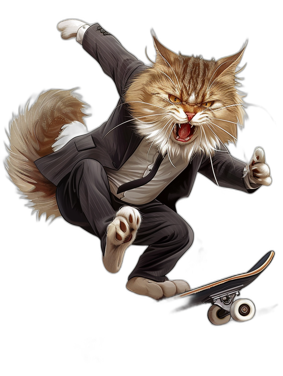 A cat in an expensive suit, skating on skateboards and shouting, vector graphics, black background, white strokes, illustrations, 2D game art, cartoon style, high detail, high resolution, high quality, high definition, high contrast, high sharpness, hyper-realistic, hyper-detailed, hyper-realism, hyper-detail, hyper-sharp, hyper-crisp details, hyper-style, hyper-blue tones, hyper-3d rendering, hyper-simplified, hyper-pRobotic appearance.