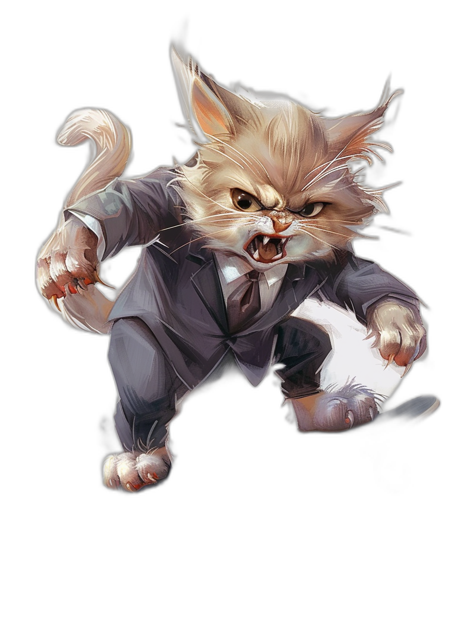 full body, an angry cat in suit is running with claws out , black background, digital art by [Studio Ghibli](https://goo.gl/search?artist%20Studio%20Ghibli) and [WLOP](https://goo.gl/search?artist%20WLOP), character design for fantasy game, digital illustration by [Ruan Jia](https://goo.gl/search?artist%20Ruan%20Jia), [Greg Rutkowski](https://goo.gl/search?artist%20Greg%20Rutkowski) and [Alphonse Mucha](https://goo.gl/search?artist%20Alphonse%20Mucha)