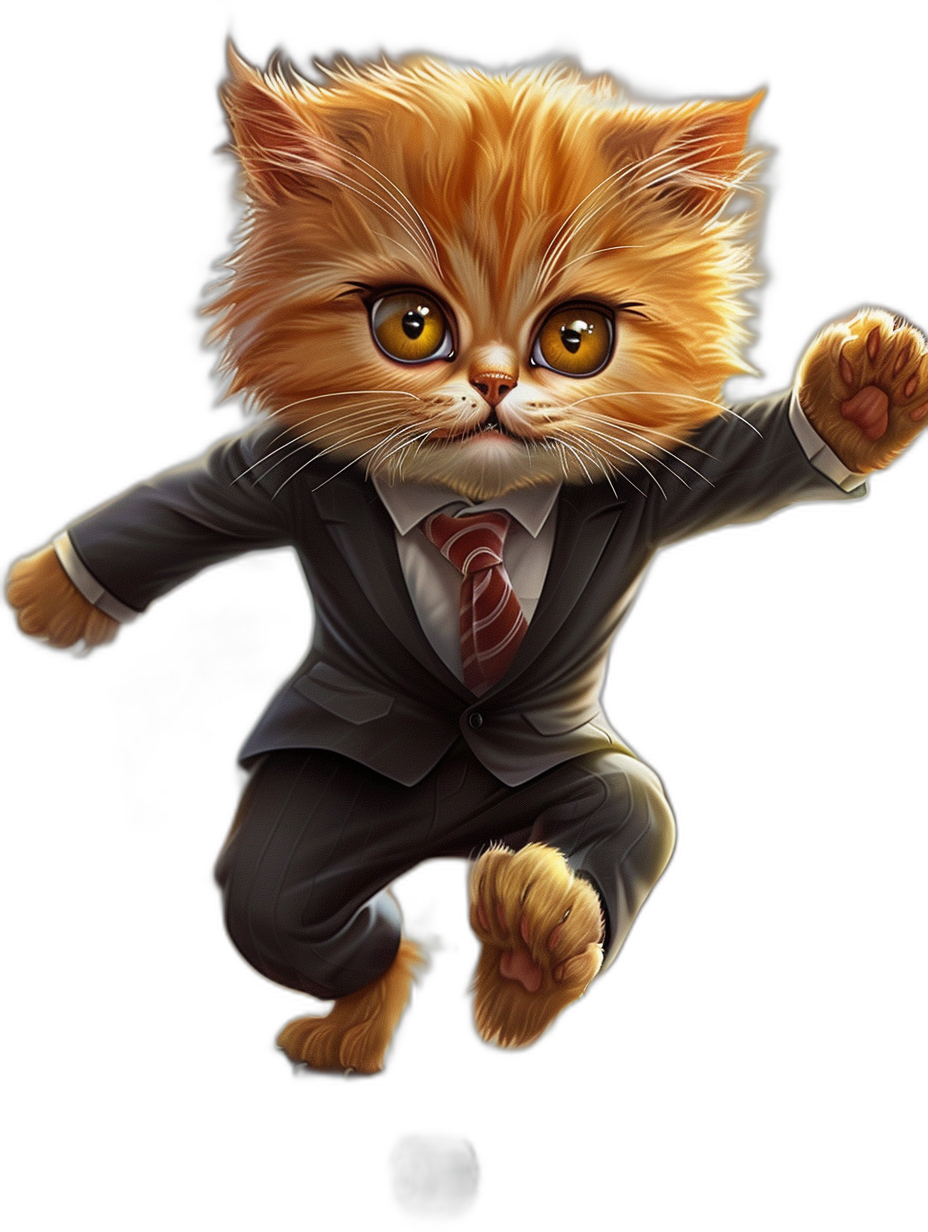 digital art of a cute fat orange cat, wearing a suit and tie, jumping in the air with a black background, big eyes, fluffy, soft-focused realism, playful character designs in the style of realism.