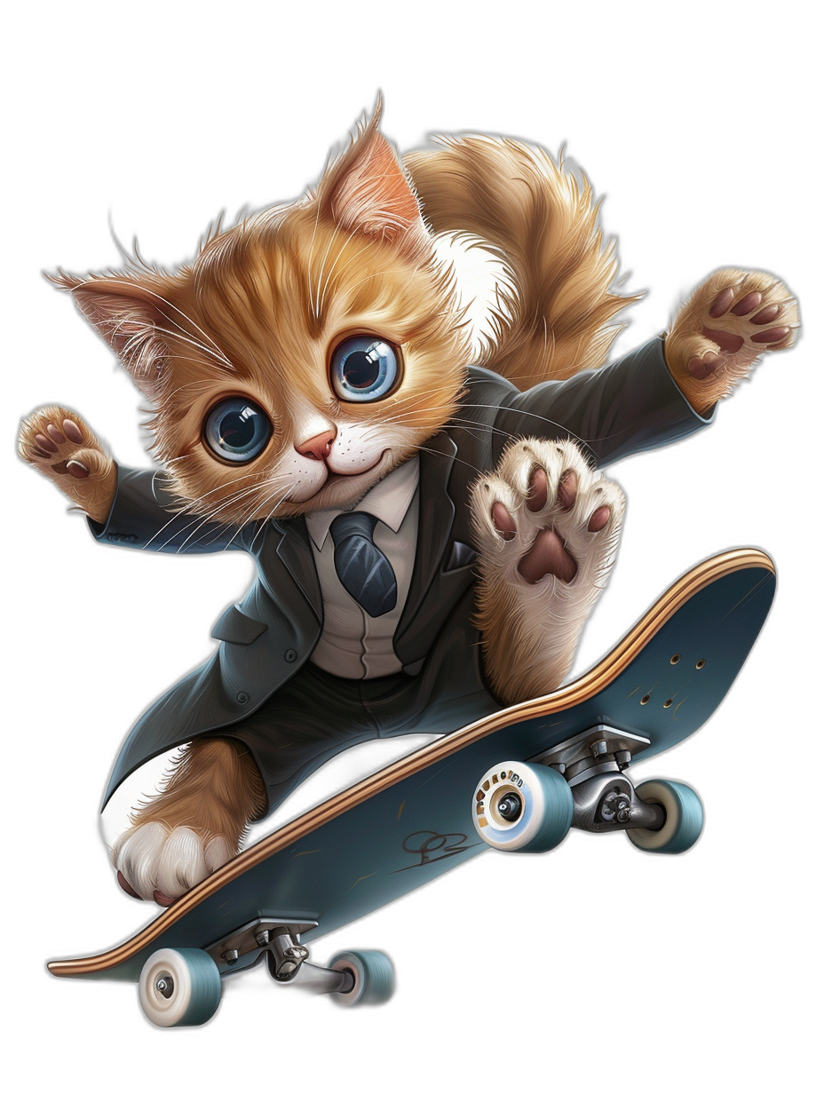 Cute cartoon kitten in a suit and tie riding on a skateboard, blue eyes, black background, in the style of digital art.