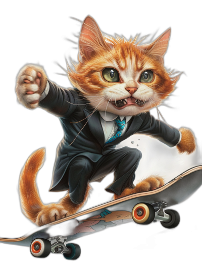 Cute cat in a suit riding on a skateboard, vector illustration, black background, detailed character design, high resolution, professional photograph, magazine quality, highly detailed, sharp focus, no blur, hyper realistic, in the style of caricature.