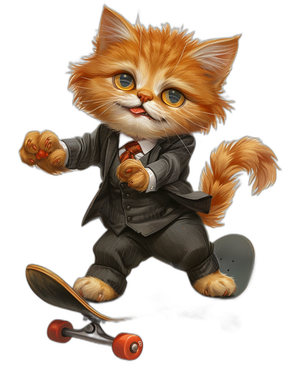 A cute ginger cat in a suit and tie riding on a skateboard, in the style of [Lilia Alvarado](https://goo.gl/search?artist%20Lilia%20Alvarado), in the style of [Jasmine Becket-Griffith](https://goo.gl/search?artist%20Jasmine%20Becket-Griffith), with a cartoonish character design, as a full body portrait, on a black background, with a cartoon realism style, in a caricature-like style, as a character illustration created in Procreate isolated on a white background.