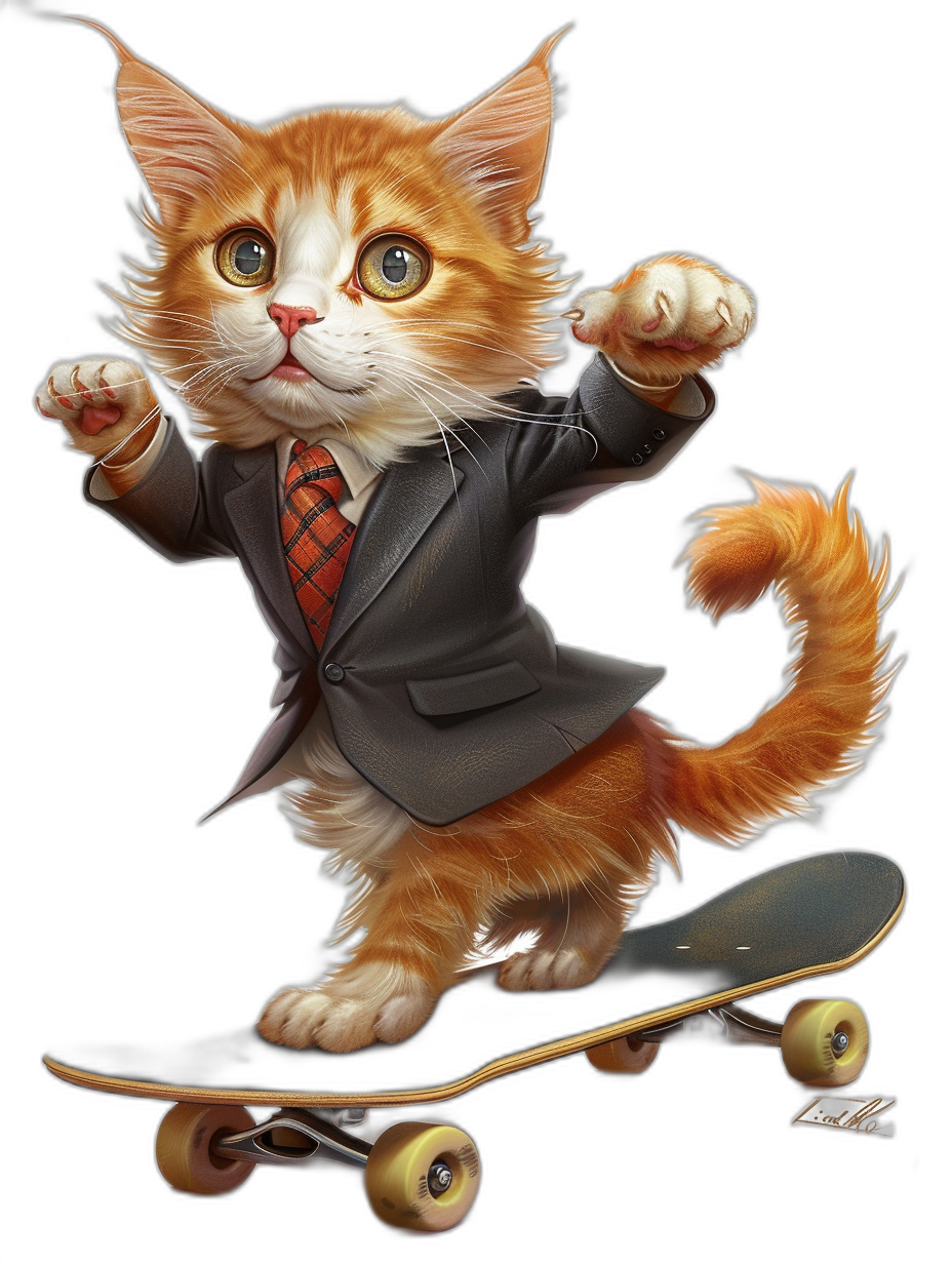 An intricately detailed and hyper-realistic illustration of a cute orange cat wearing a business suit with a tie, riding on a skateboard, with an isolated black background, in a full body shot. The artwork should emphasize realism by showcasing the intricate textures in fur, skin, and  details in the style of high contrast lighting to highlight facial expressions, hands, feet, eyes and other features for extreme detail.