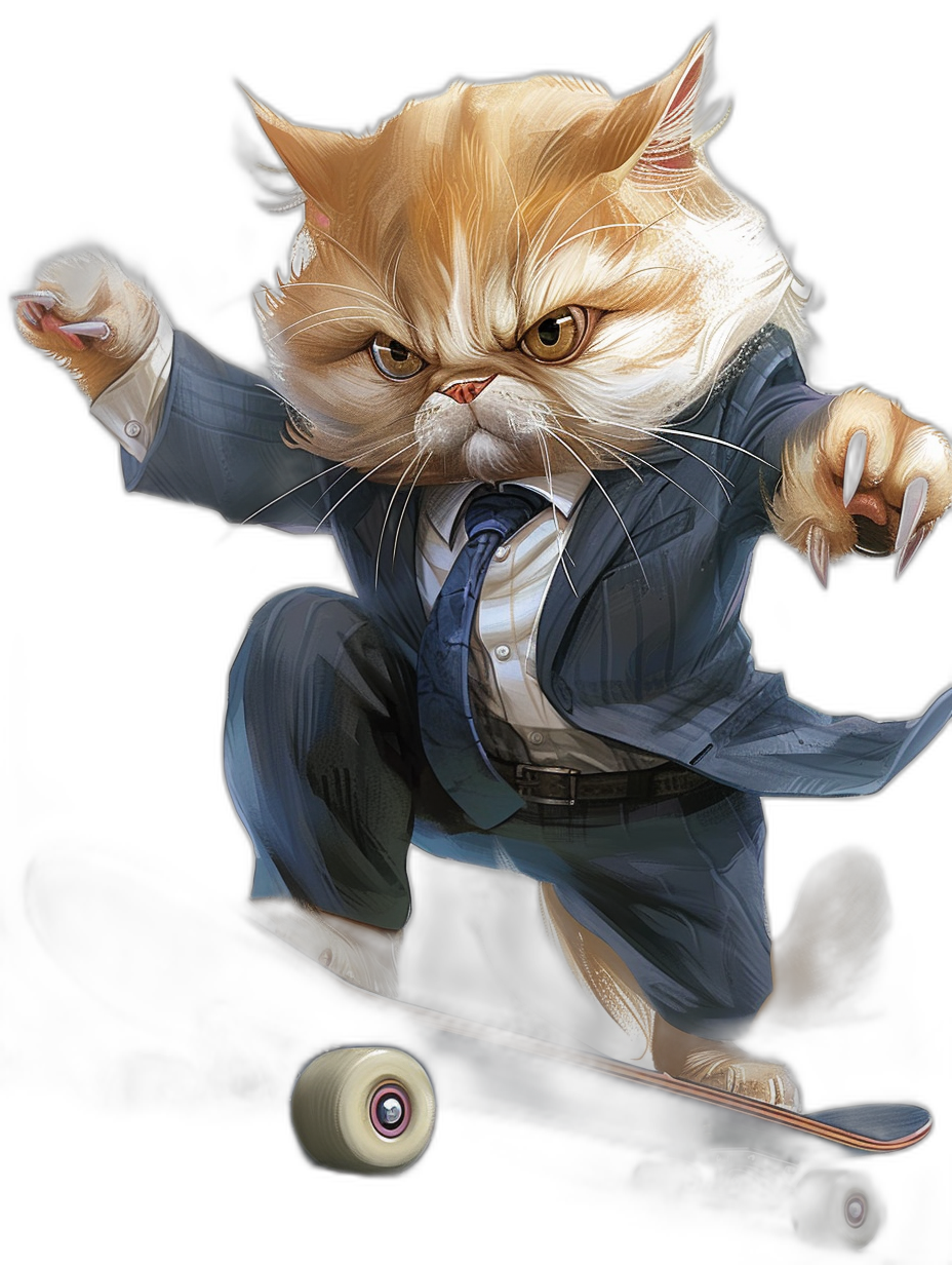 A realistic digital illustration of an angry ginger cat wearing a business suit and tie, riding on a skateboard with a black background, a full body portrait in the style of an action shot.