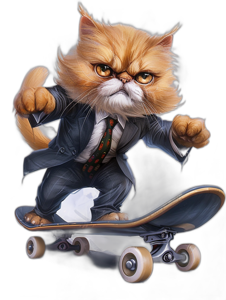 realistic digital illustration of an angry persian cat in suit and tie, riding on skateboard, black background, full body view, portrait