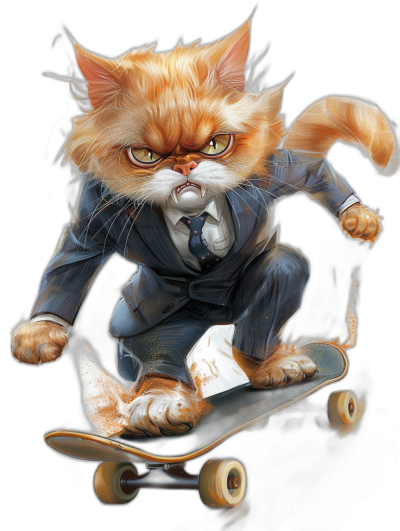 a realistic illustration of an angry ginger cat in suit riding on skateboard, isolated black background, by reference to the cartoon characters and Disney's style, digital art with brush strokes, high resolution, high details, full body shot, professional photography, cinematic angle, natural light, highly detailed