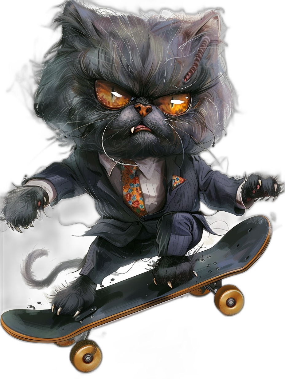 evil persian cat in suit and tie riding on skateboard, in the style of cartoon, dark background, vector art, 2d game graphics, high resolution, hyper detailed