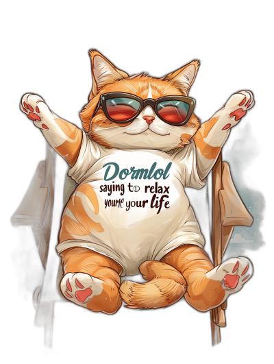 A fat orange cat wearing sunglasses and a t-shirt with the text "Dormol swing to relax your life", lying on an armchair, vector art, black background, in the style of cartoon, cute, adorable.