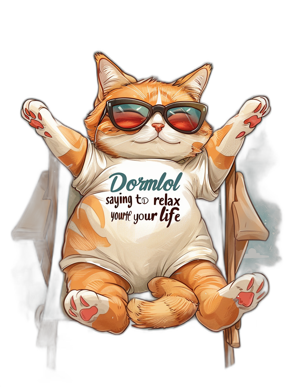 A fat orange cat wearing sunglasses and a t-shirt with the text “Dormol swing to relax your life”, lying on an armchair, vector art, black background, in the style of cartoon, cute, adorable.