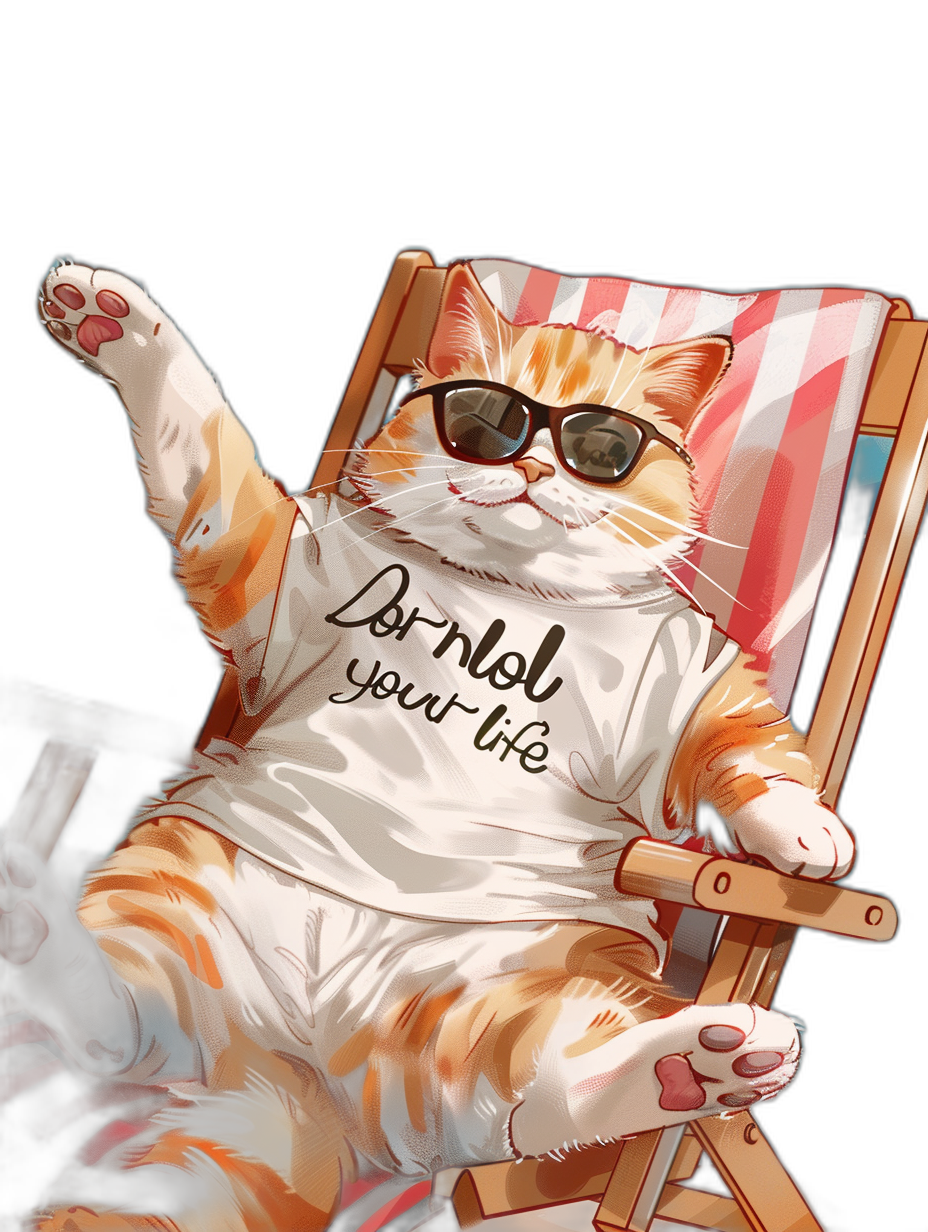 a fat orange and white cat wearing sunglasses lounging on beach chair with t-shirt that says “lol your life”, black background, digital art by Stanley [Artgerm](https://goo.gl/search?artist%20Artgerm) <?= romantic style, anime Style, drawing by [Hayao Miyazaki](https://goo.gl/search?artist%20Hayao%20Miyazaki), full body