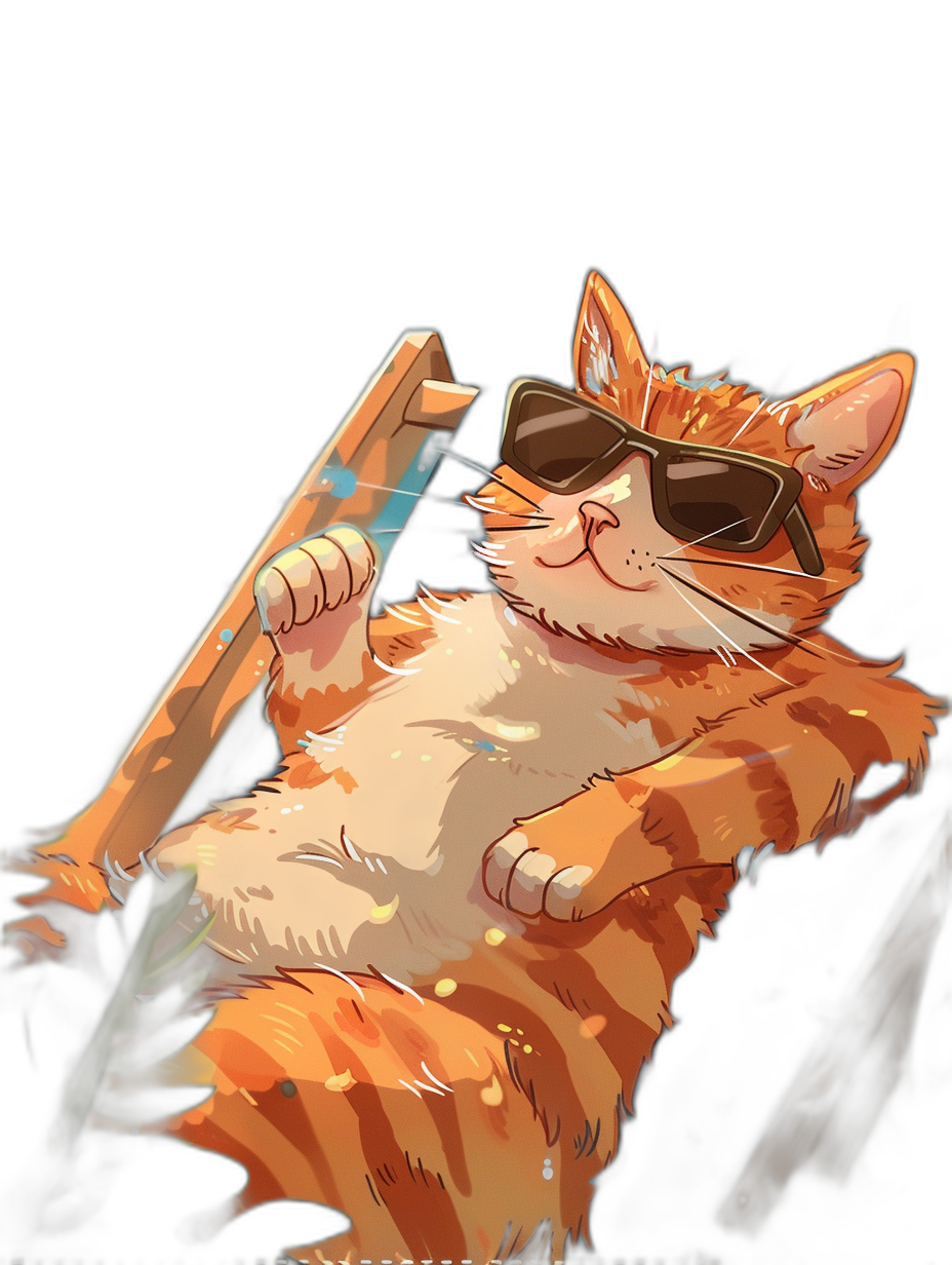 digital art of cute and fat orange cat , wear sunglasses, holding wooden stick on its head , black background , chill happy expression , painting illustration , pixiv style