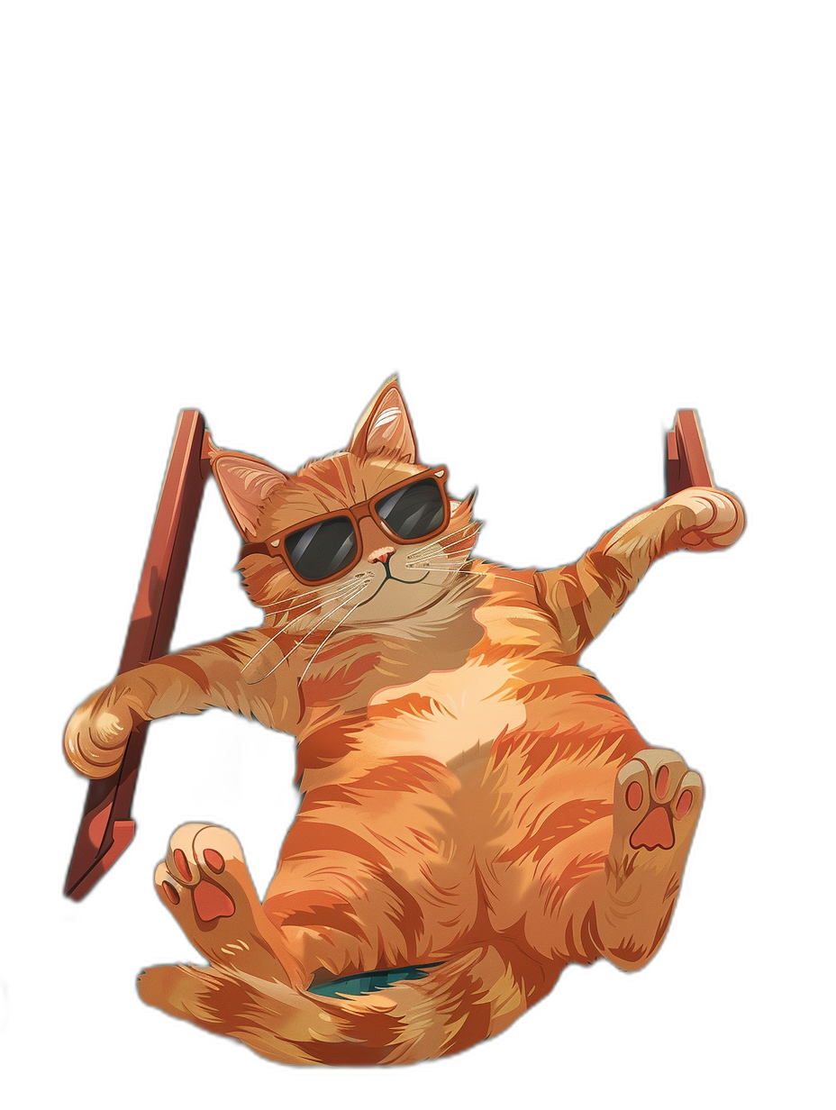 vector cartoon of an orange cat wearing sunglasses and holding a knife, laying on its back with legs in the air, black background, in the style of vector art, high detail